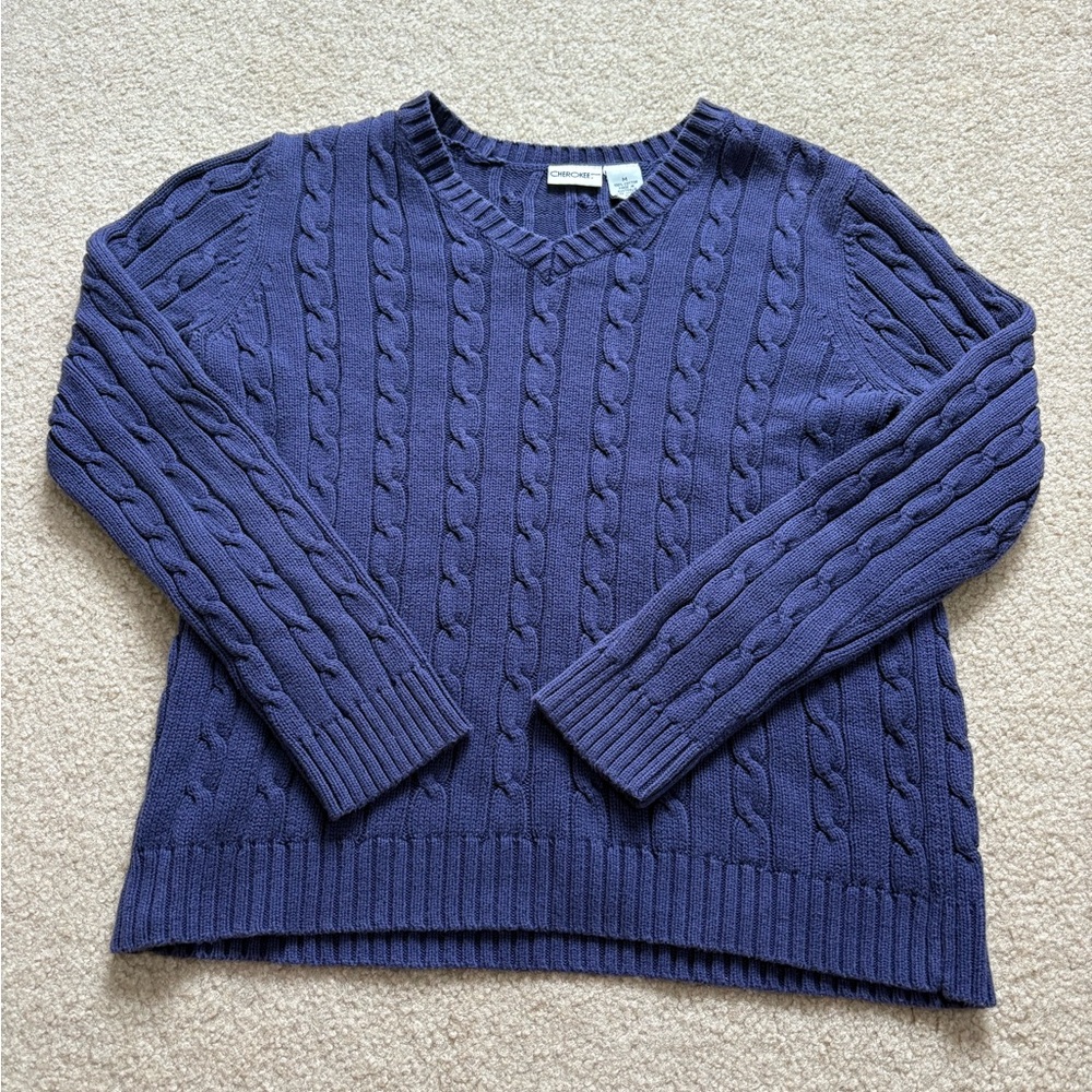 Cherokee V-Neck Cable Knit Sweater - Dark Blue